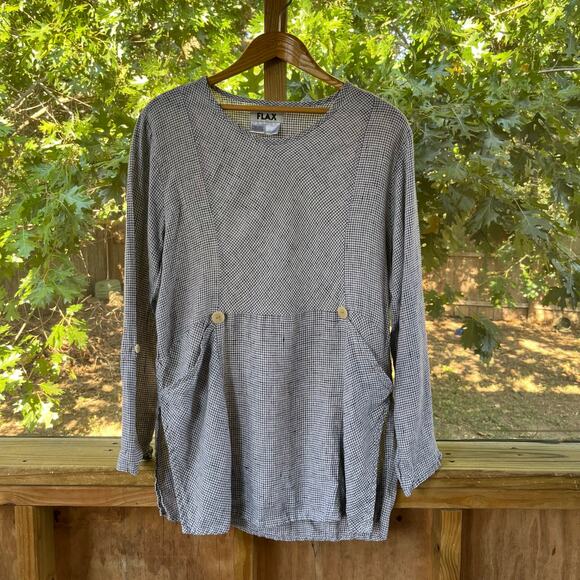 Flax Women's Black & White Check Print Long Sleeve Tunic Top 100% Linen Size M - Picture 1 of 9
